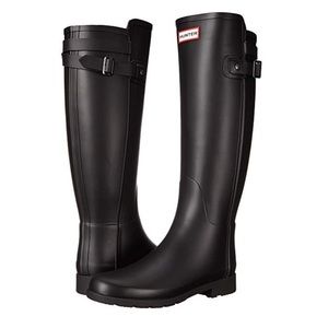Tall matte black refined hunter boots with strap